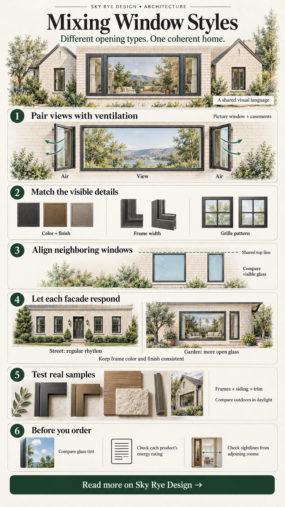 Mixing window styles infographic Infographic showing six checks for mixing window styles, from matching frame details to testing samples and interior sightlines | Sky Rye Design Infographic showing six checks for mixing window styles, from matching frame details to testing samples and interior sightlines