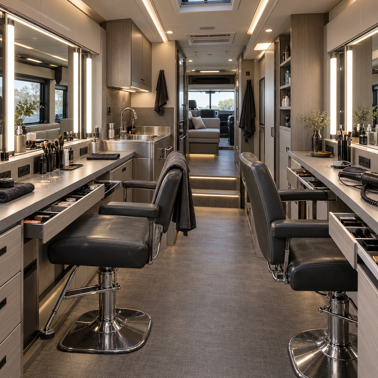 Production motorhome hair and makeup station with salon chairs, sinks, and even mirror lighting