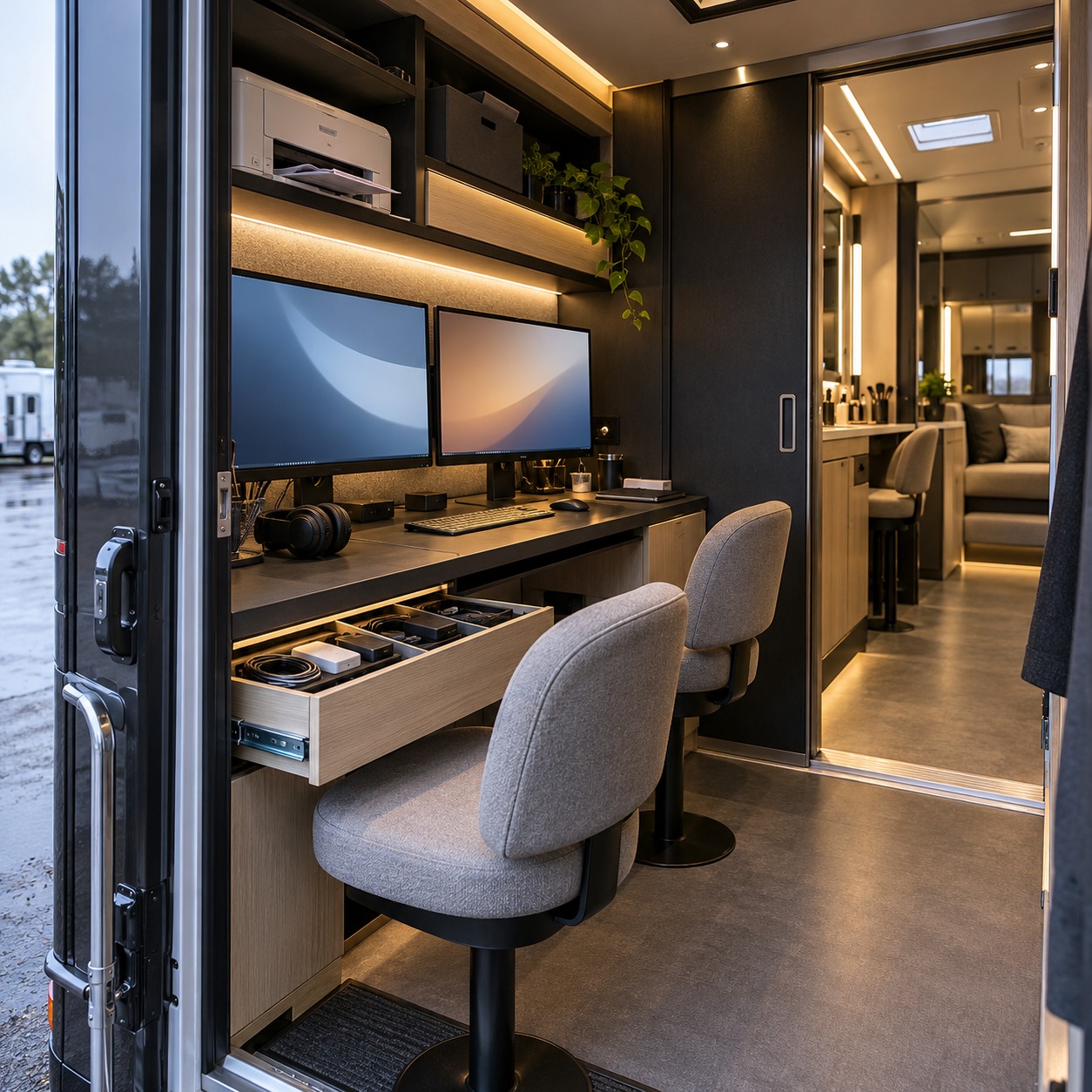 Compact production office inside a motorhome with monitors, printer shelf, and cable storage
