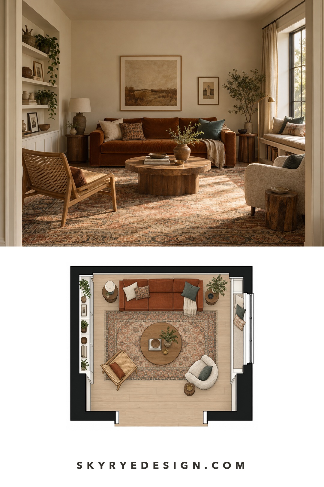 Modern bohemian living room photo paired with a square top-down furniture plan