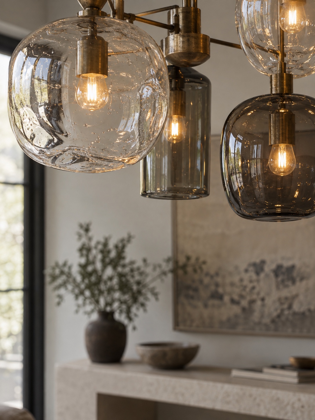 Close view of clear and smoked hand-blown glass globes with aged brass fittings