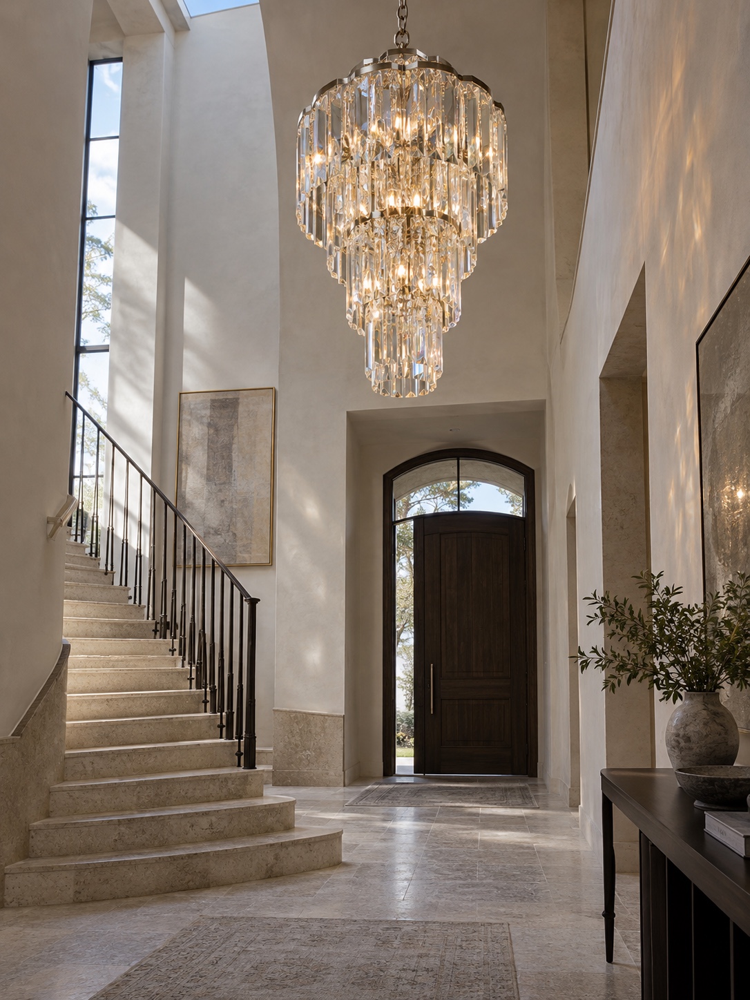 Contemporary crystal chandelier suspended in a restrained double-height foyer