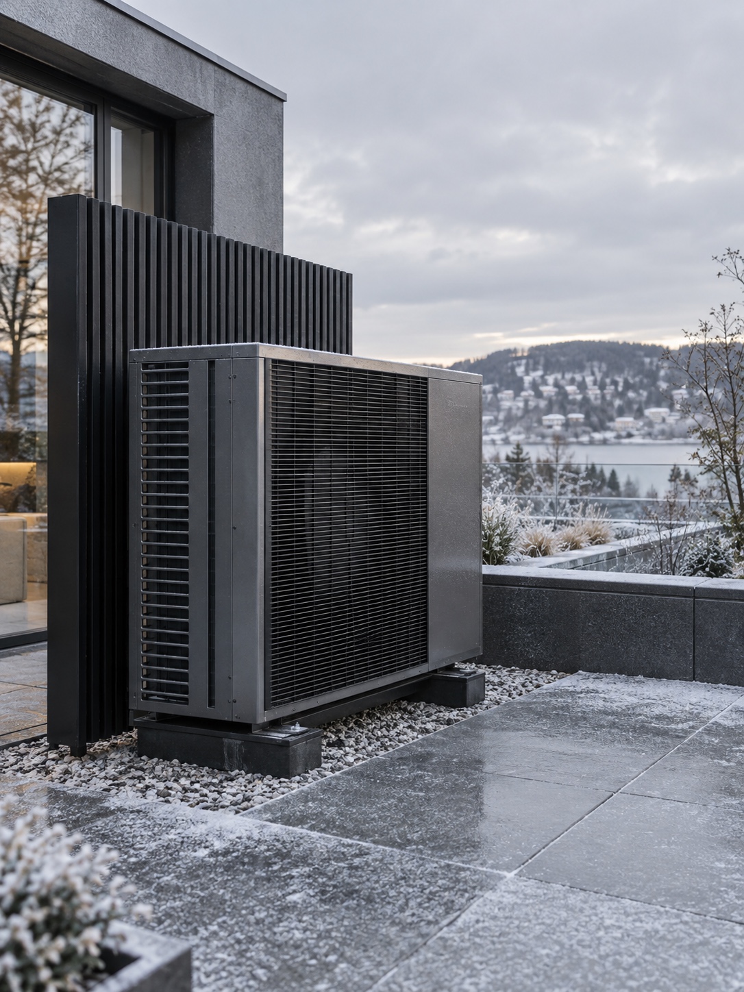 Rooftop HVAC condenser on a contemporary house beneath an overcast winter sky