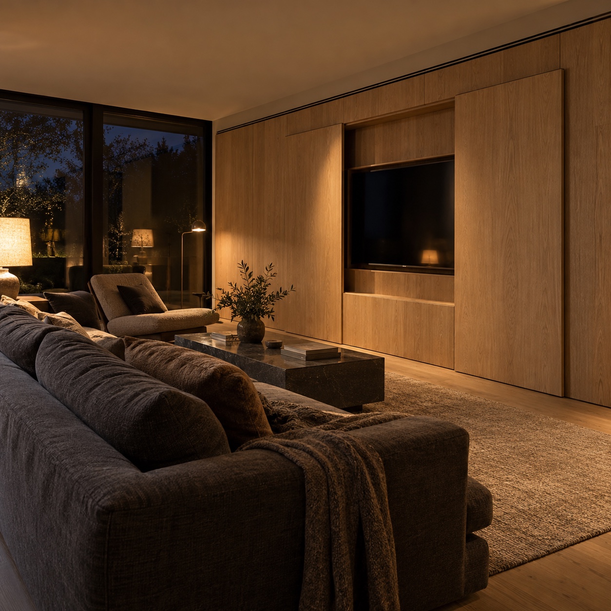 Matte oak sliding panels partly open to reveal a recessed television in a modern lounge
