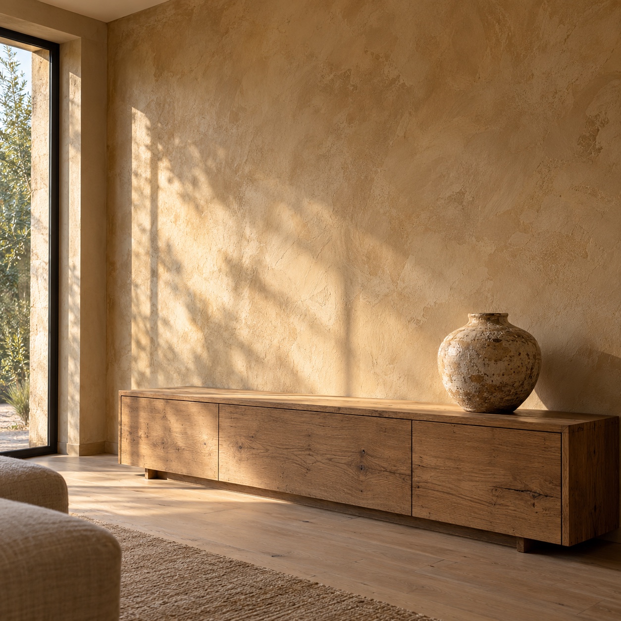 Warm mineral plaster wall with subtle tonal movement above a low oak console
