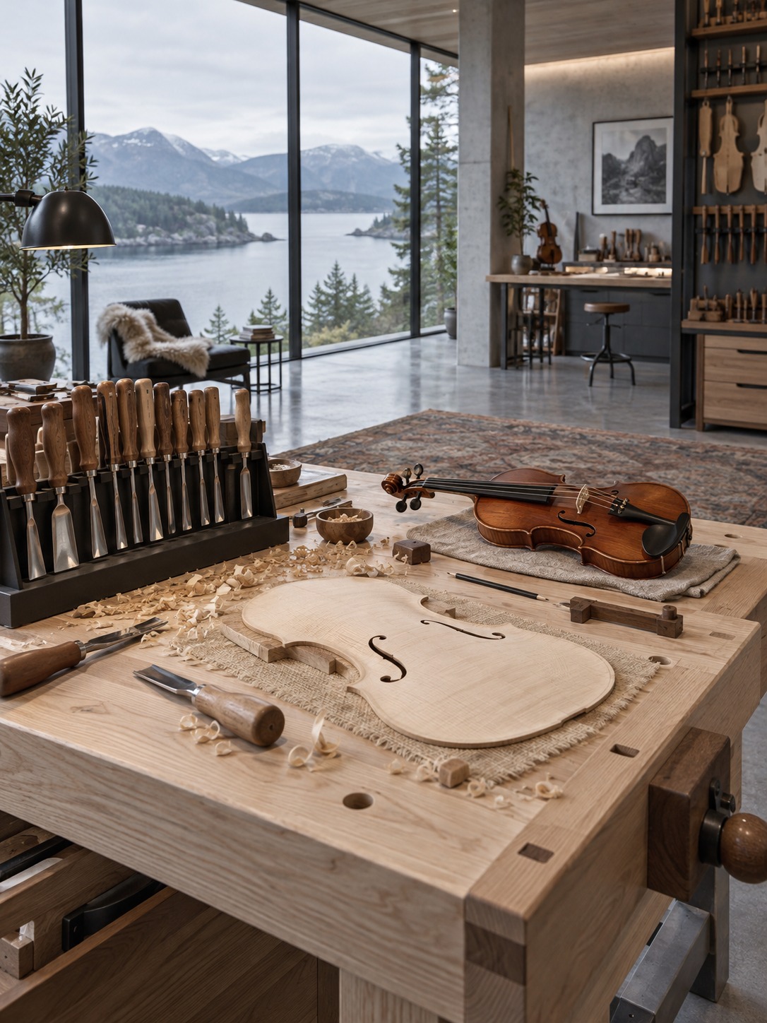 A contemporary violin workshop Pale wooden workbench with a violin plate and carving tools beside tall windows | Sky Rye Design Pale wooden workbench with a violin plate and carving tools beside tall windows