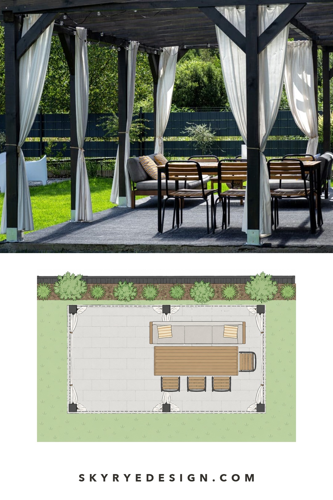 Garden dining pergola photo with a top-down concept plan showing a table, bench, chairs and an open side approach.