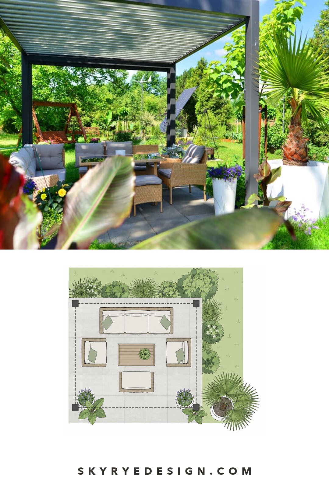 Freestanding pergola photo and top-down concept plan with a sofa, facing armchairs, central coffee table and palm planter.