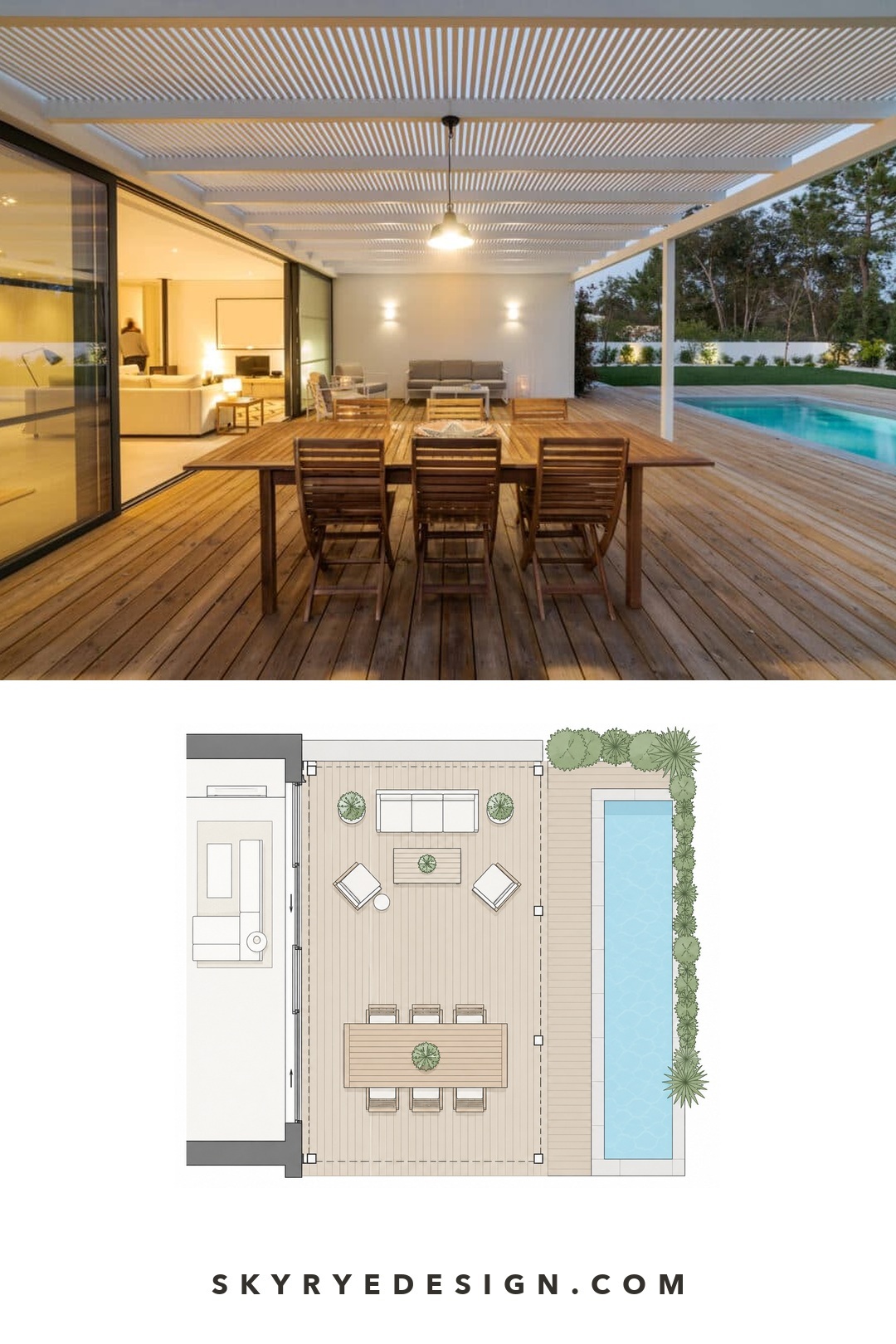 Poolside pergola photo with a top-down concept plan showing dining and lounge zones, sliding doors and a walkway beside the pool.