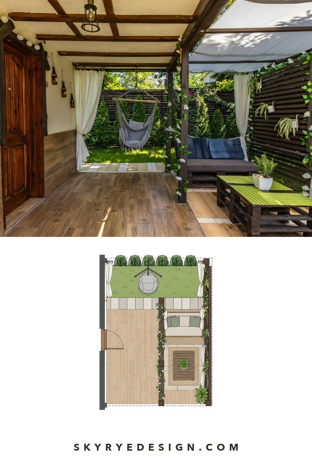 Narrow patio pergola photo and top-down concept plan with a clear side passage, screened sofa area and hanging chair beyond.