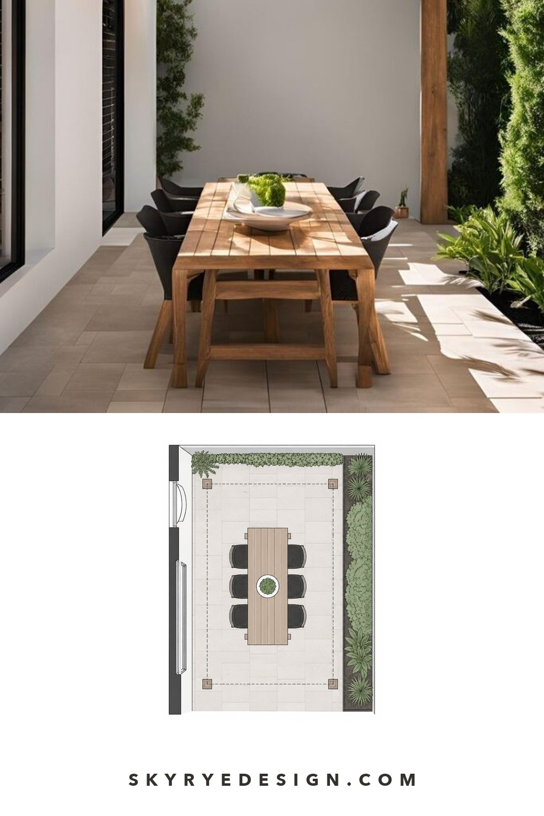 Courtyard pergola photo with a top-down concept plan showing a long dining table, six chairs, house openings and a planted boundary.