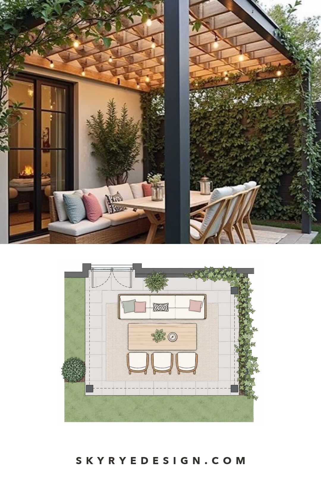 House-attached pergola photo and top-down concept plan combining a sofa, dining table and chairs beside a planted boundary.