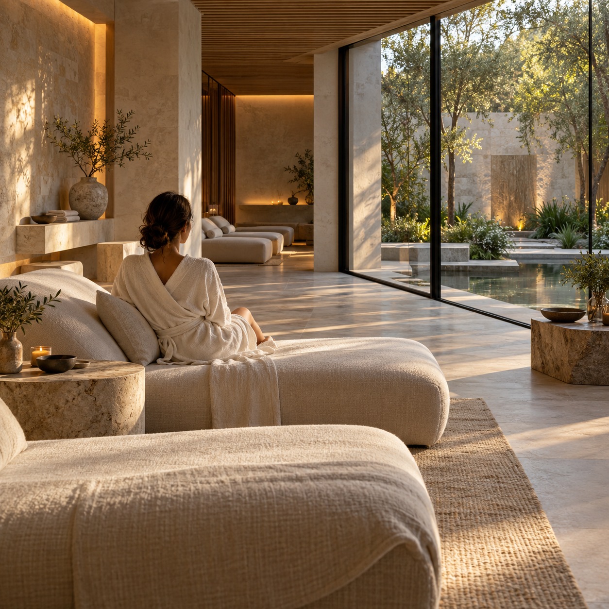 Modern spa recovery lounge Quiet limestone spa recovery lounge overlooking a mossy courtyard | Sky Rye Design Quiet limestone spa recovery lounge overlooking a mossy courtyard