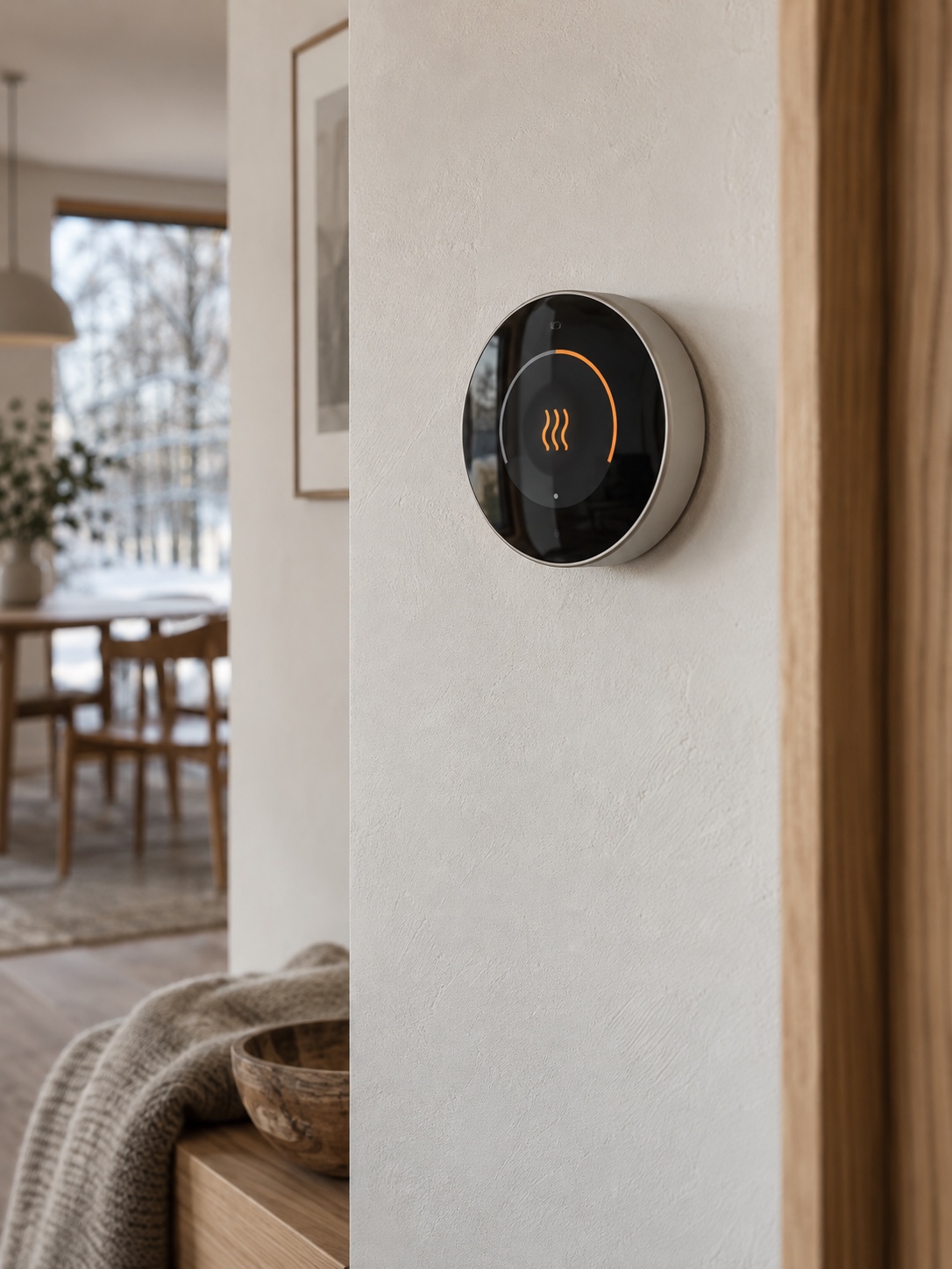 Modern thermostat mounted on a minimalist wall in soft interior light