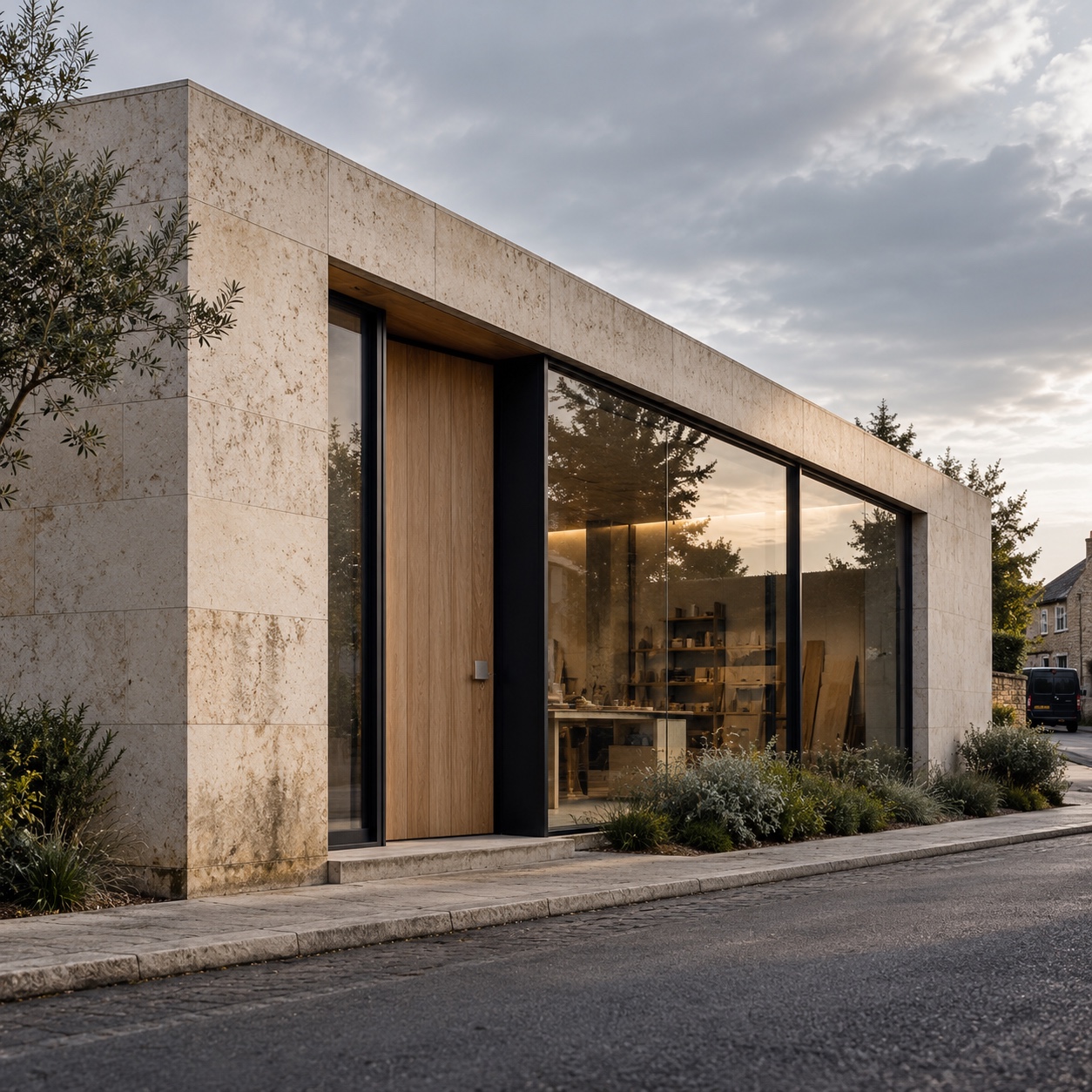 Quiet modern workshop exterior A calm limestone and glass workshop exterior with a delivery vehicle near the curb | Sky Rye Design A calm limestone and glass workshop exterior with a delivery vehicle near the curb