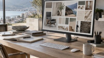 Modern design studio desk with a digital mood board displayed on a large monitor