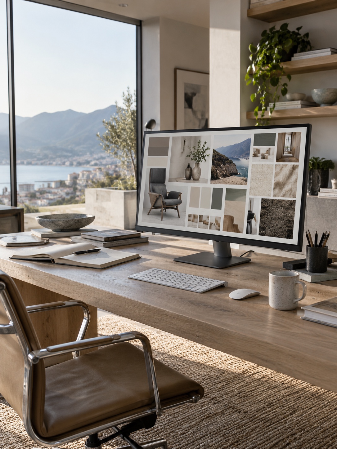 Modern design studio desk with a digital mood board displayed on a large monitor