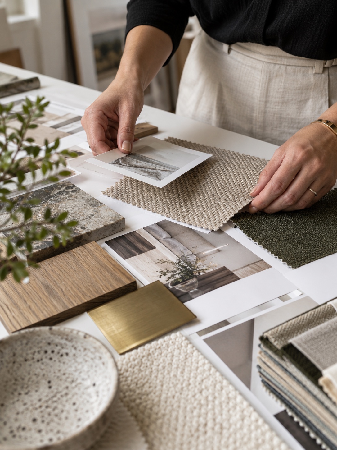 Designer arranging printed references and material swatches on a white work surface