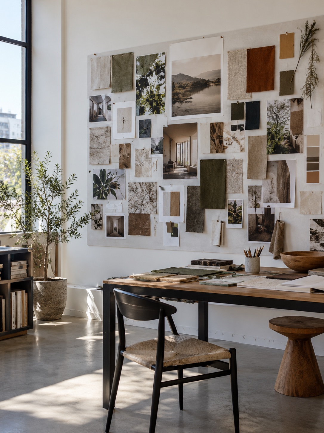 Large pinned mood board with curated color and texture references in a contemporary studio