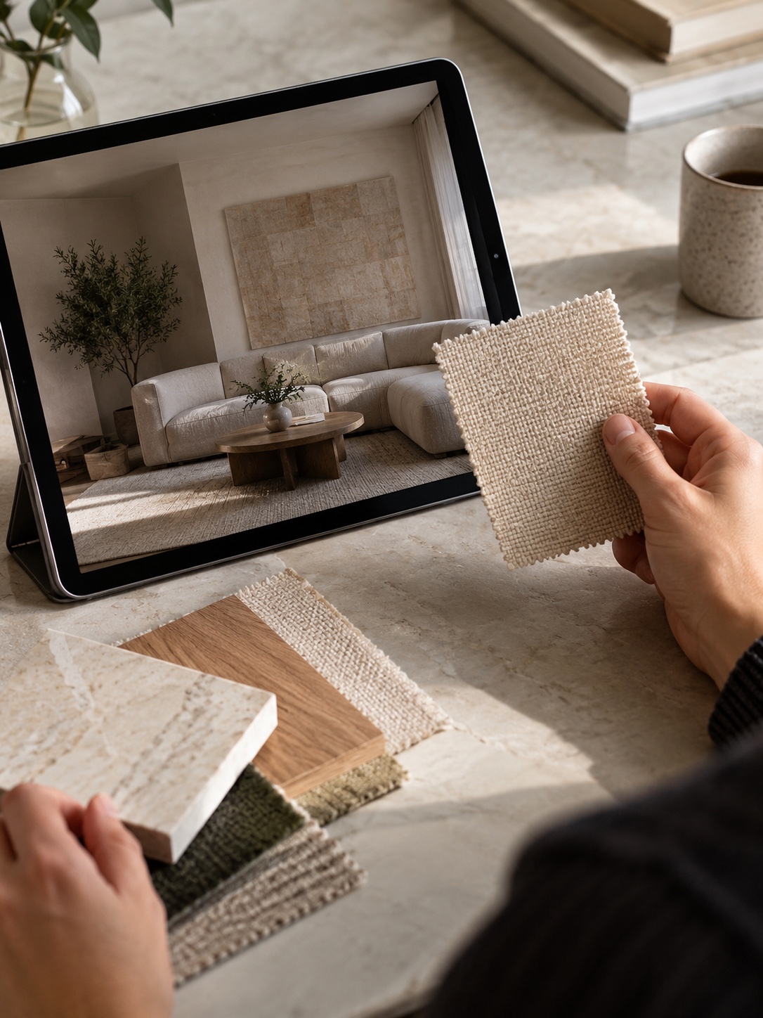 Tablet showing an AI-generated reference beside a photographed material sample