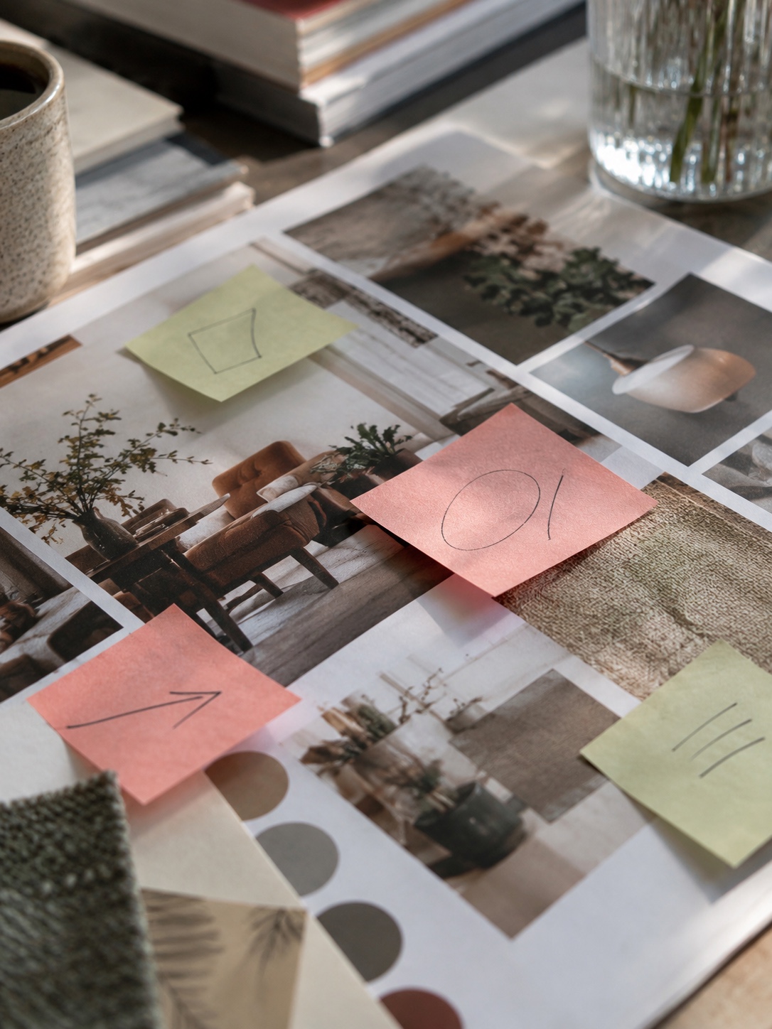 Close-up of sticky-note annotations layered over a printed mood board