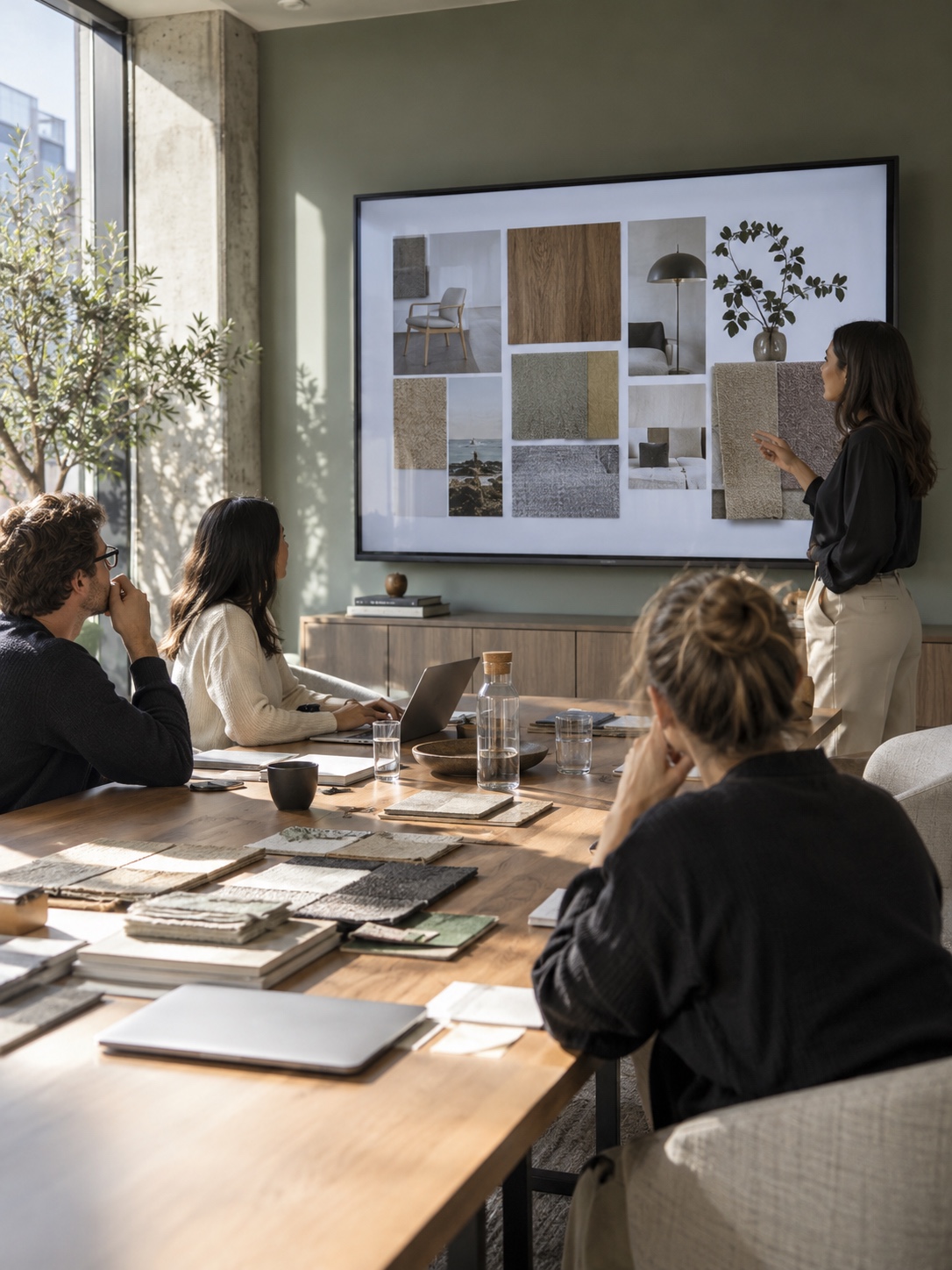 Contemporary conference room with a mood board displayed for client review