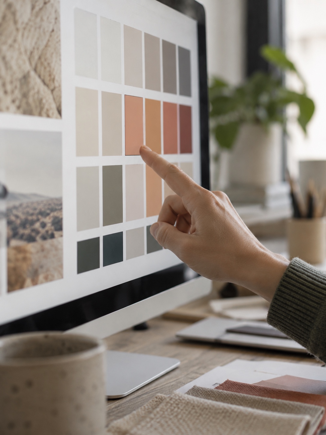 Hand pointing to a specific swatch in a digital color palette interface