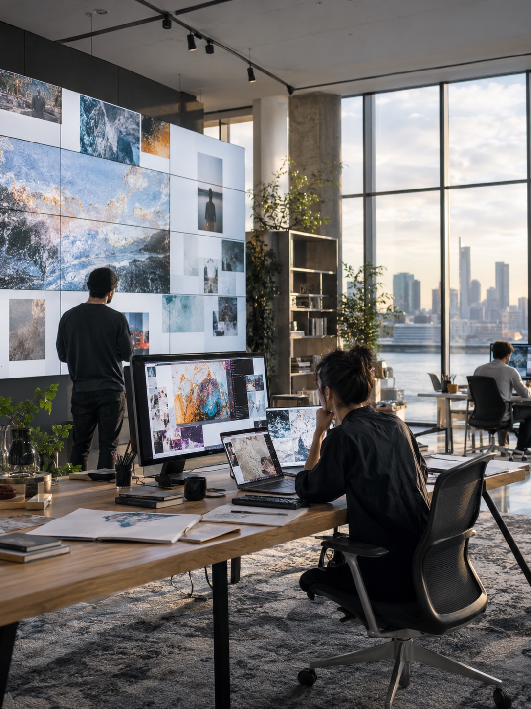 Modern creative studio with an infinite digital canvas across multiple screens
