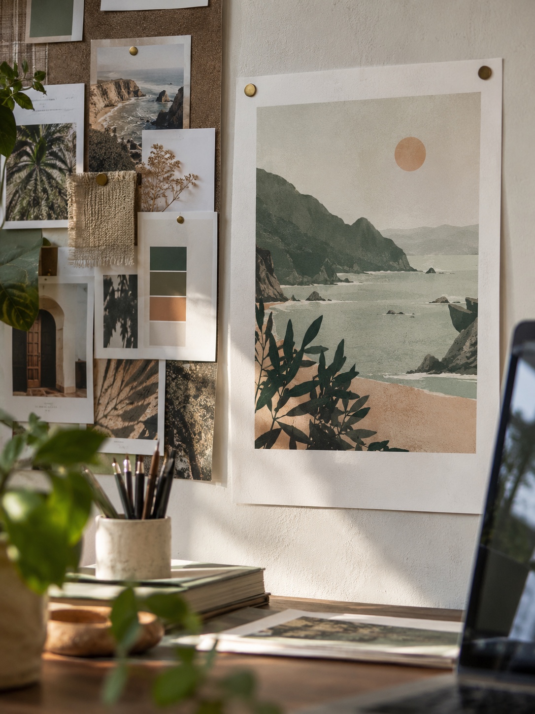 Printed poster mockup pinned beside the mood board that informed it
