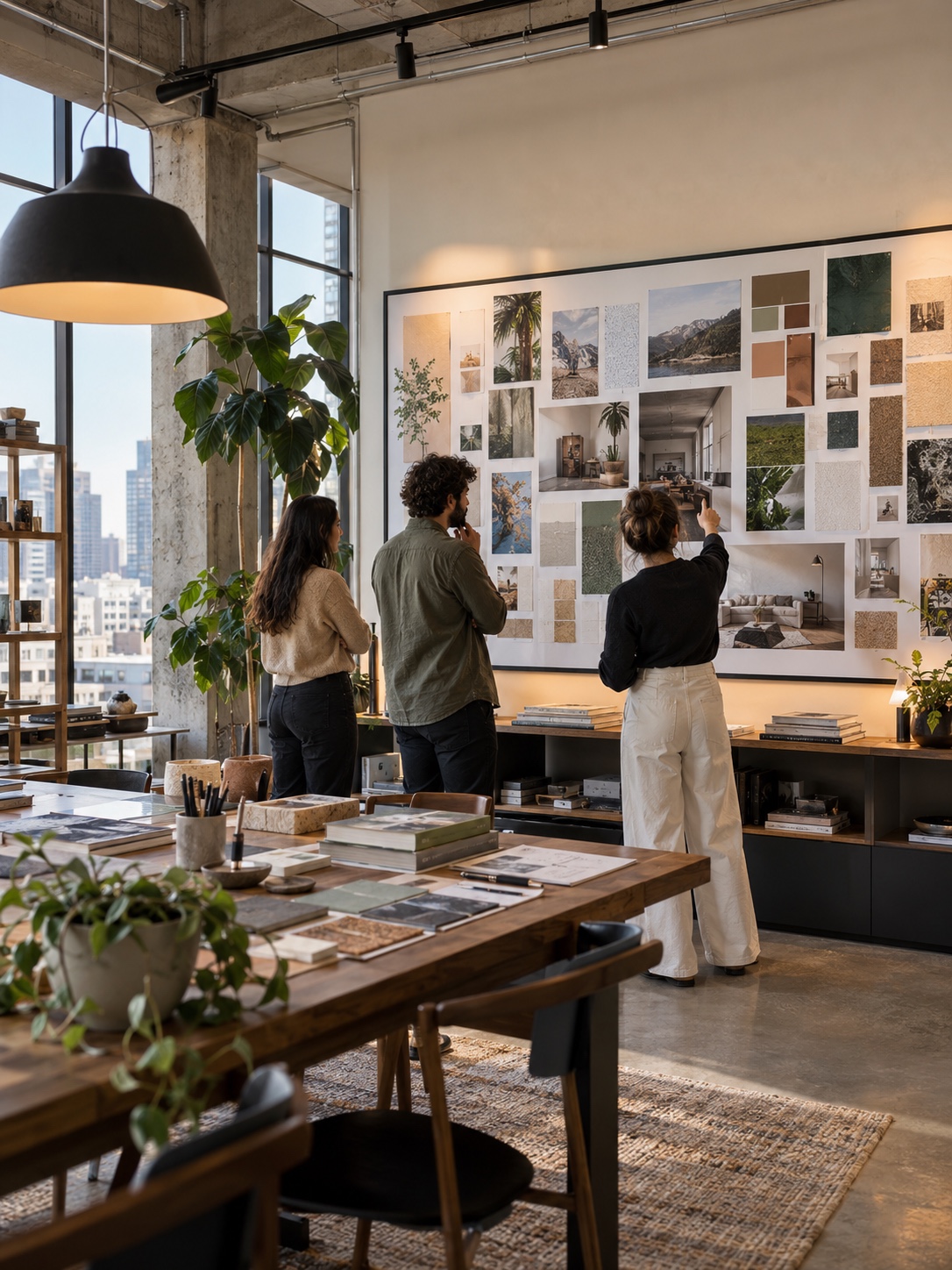Designers reviewing a large mood board on a wall-mounted studio display