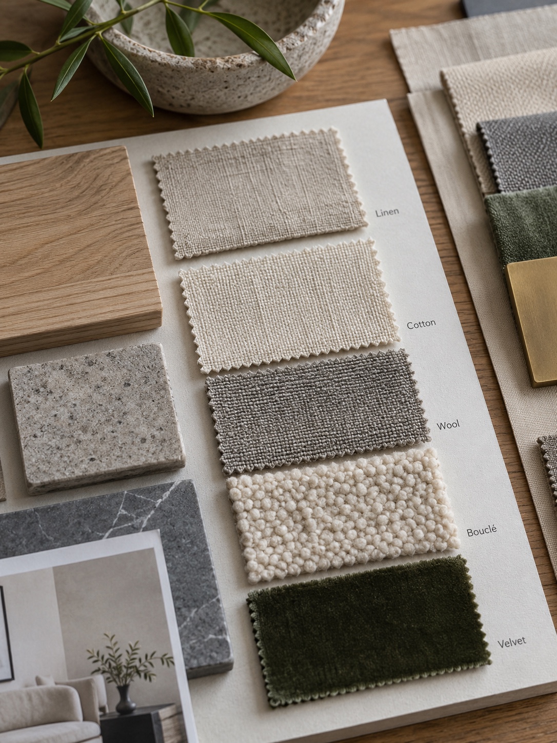 Close-up of fabric, finish, and texture samples arranged on a reference board