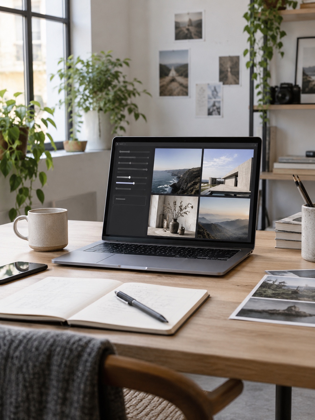 Minimal studio desk with a laptop displaying a reference image generator interface