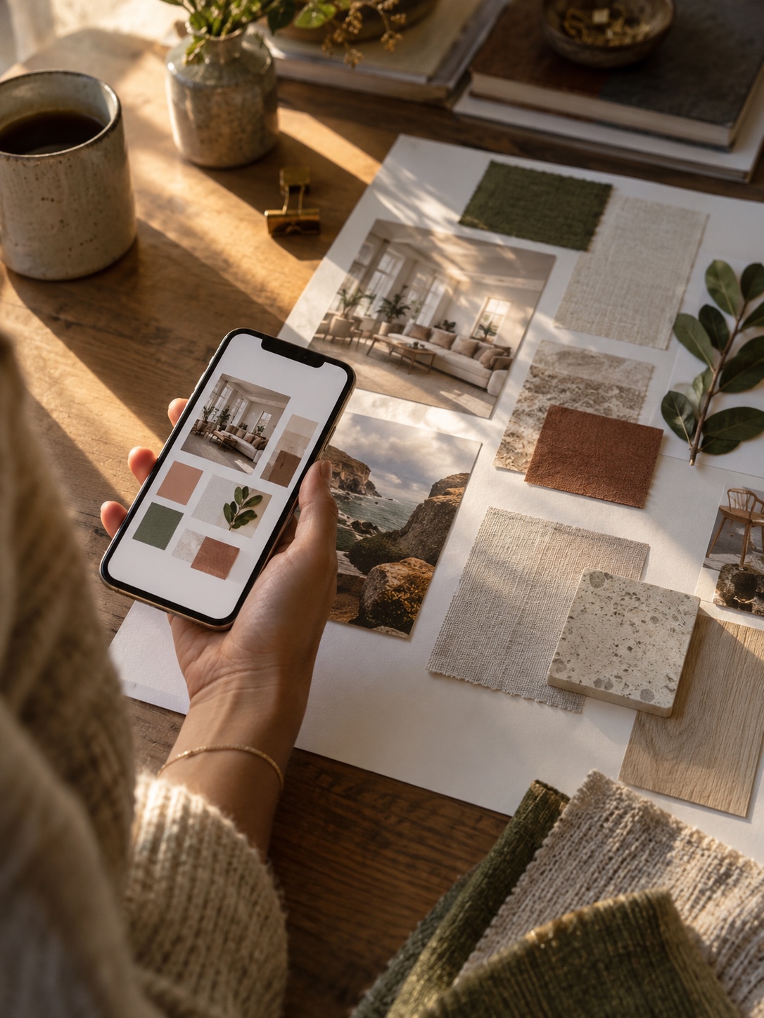 Small design mockup on a smartphone beside a larger printed mood board