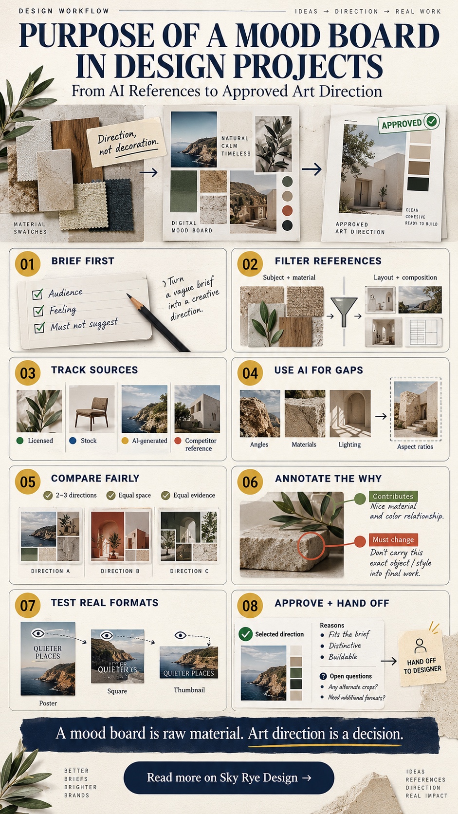 Infographic showing eight steps from a mood board brief to approved art direction