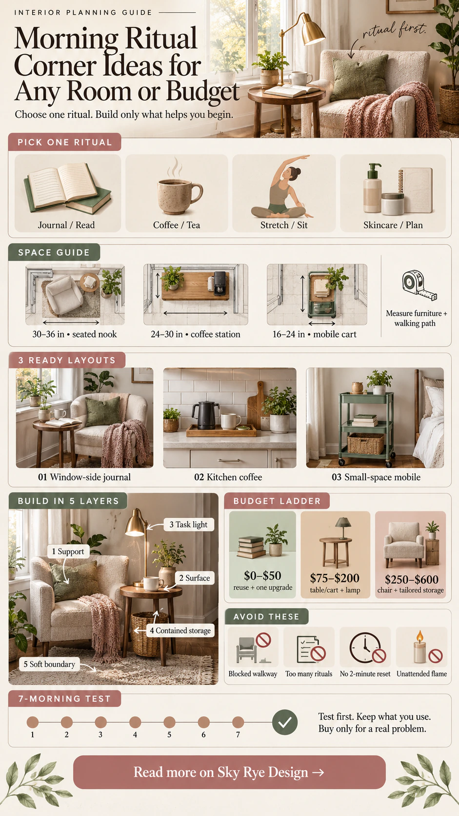 Morning ritual corner infographic showing three layouts, space ranges, five design layers, budget tiers, mistakes, and a seven-morning test