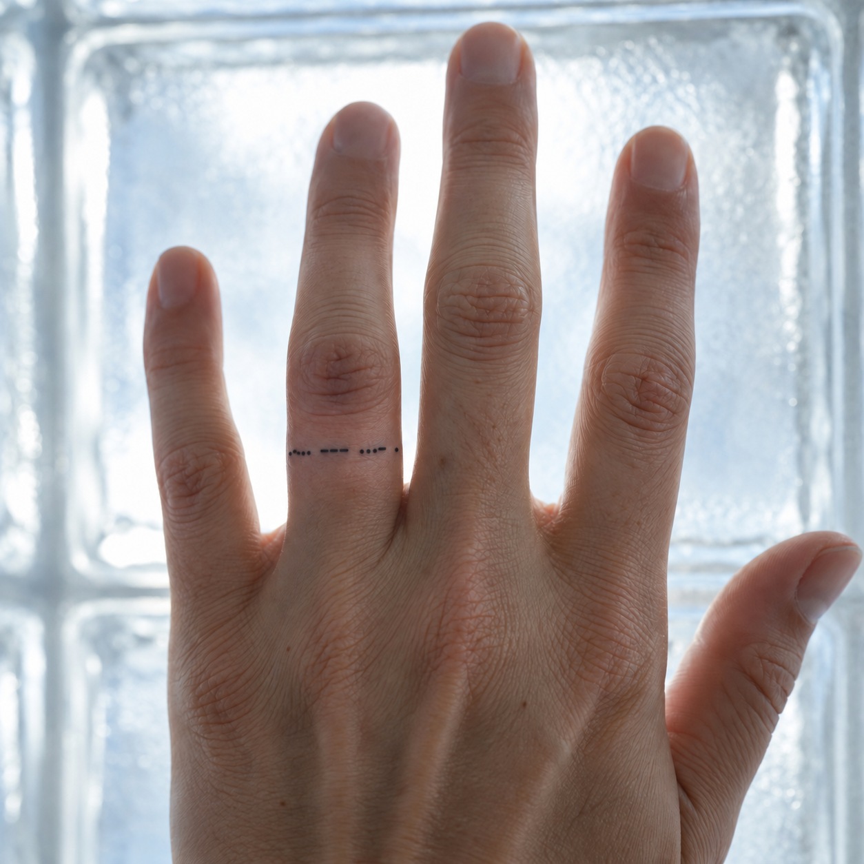 Ring finger with a spaced Morse code band spelling love in dots and dashes