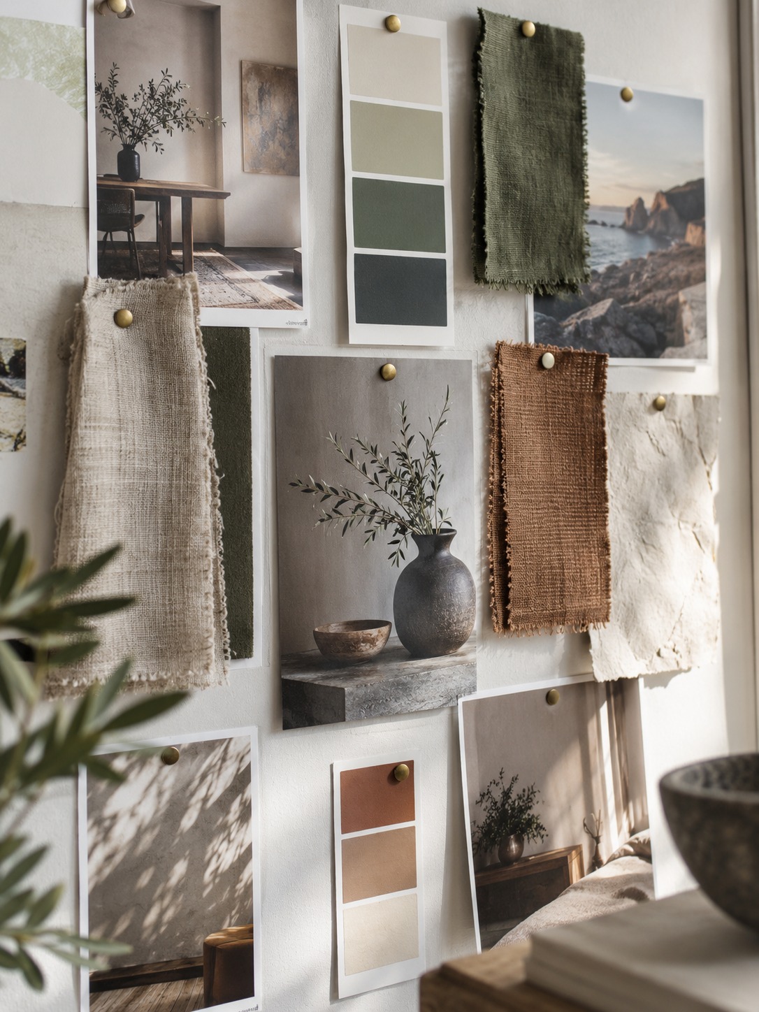 Mood board for a motion design project Mood board with fabric swatches, color chips, and printed visual references | Sky Rye Design Mood board with fabric swatches, color chips, and printed visual references