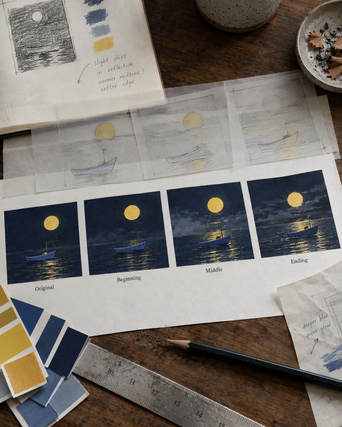 Motion review contact sheet Printed contact sheet comparing original, beginning, middle, and ending boat animation frames | Sky Rye Design Printed contact sheet comparing original, beginning, middle, and ending boat animation frames