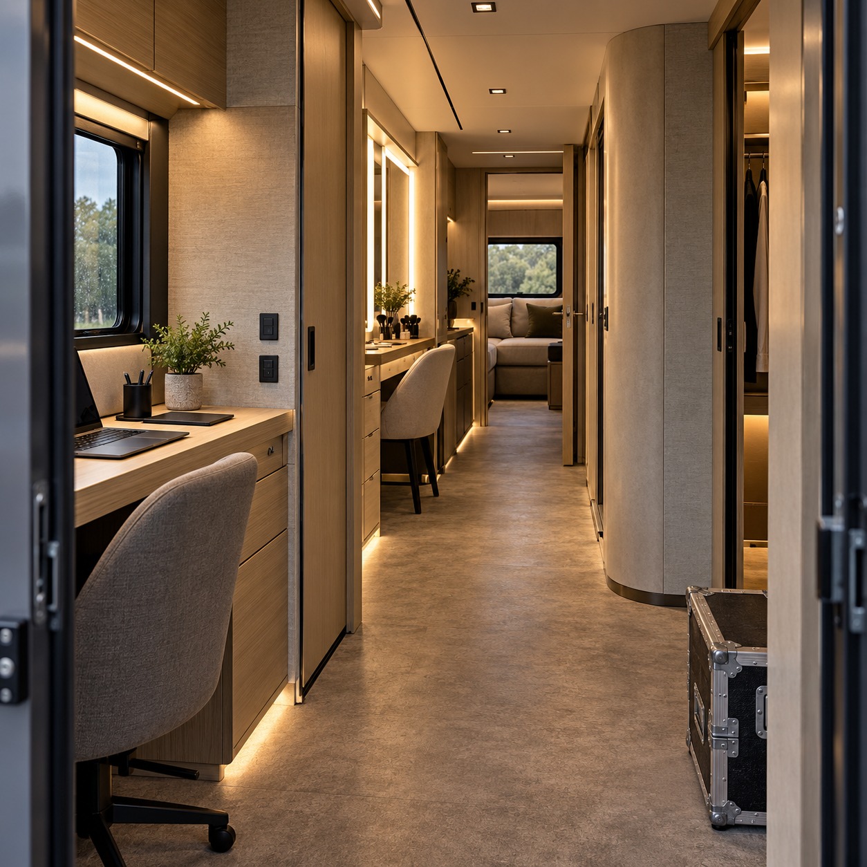 Production motorhome corridor with office, makeup zone, and private talent lounge arranged in sequence