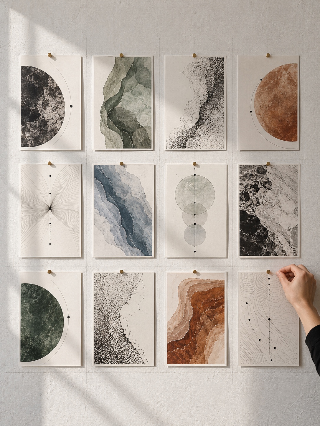 Printed abstract panels align to a shared grid on a pale studio wall.