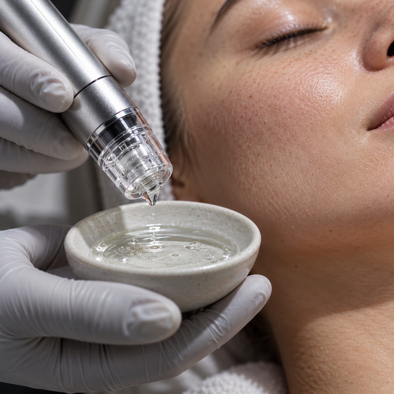 Nano infusion facial preparation Gloved hands preparing an unbranded nano infusion facial device and serum | Sky Rye Design Gloved hands preparing an unbranded nano infusion facial device and serum