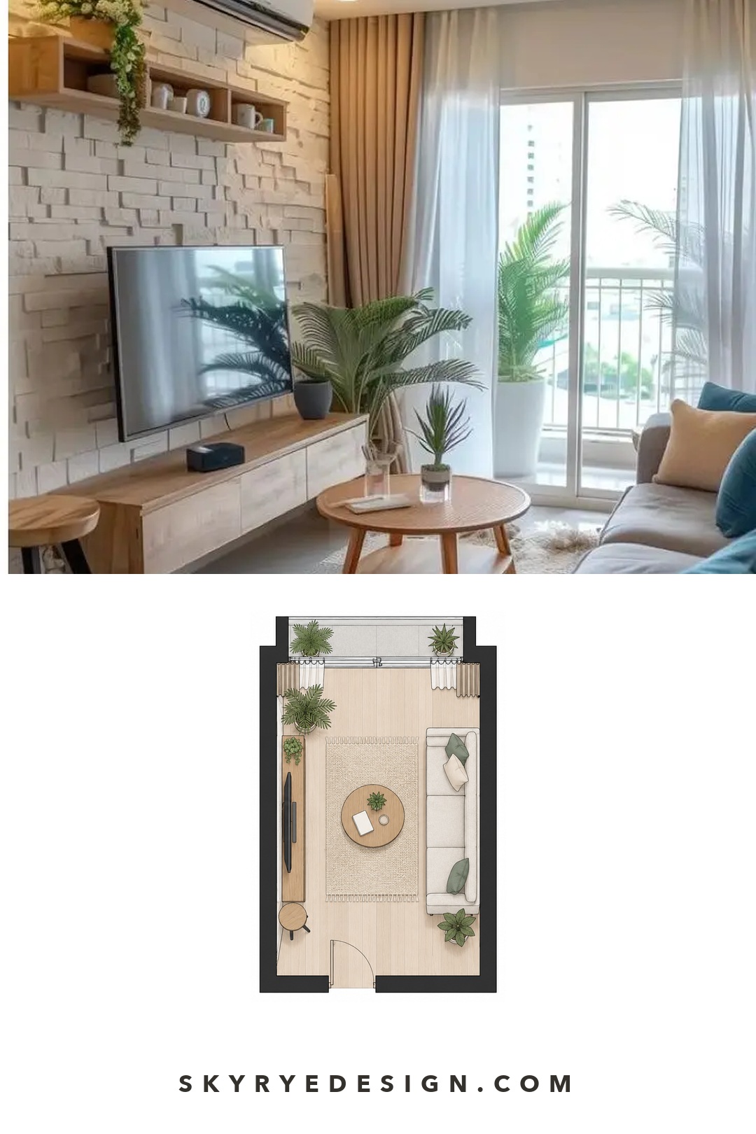 Narrow TV living room photo paired with a floor plan showing the sofa, media wall, coffee table, and balcony route