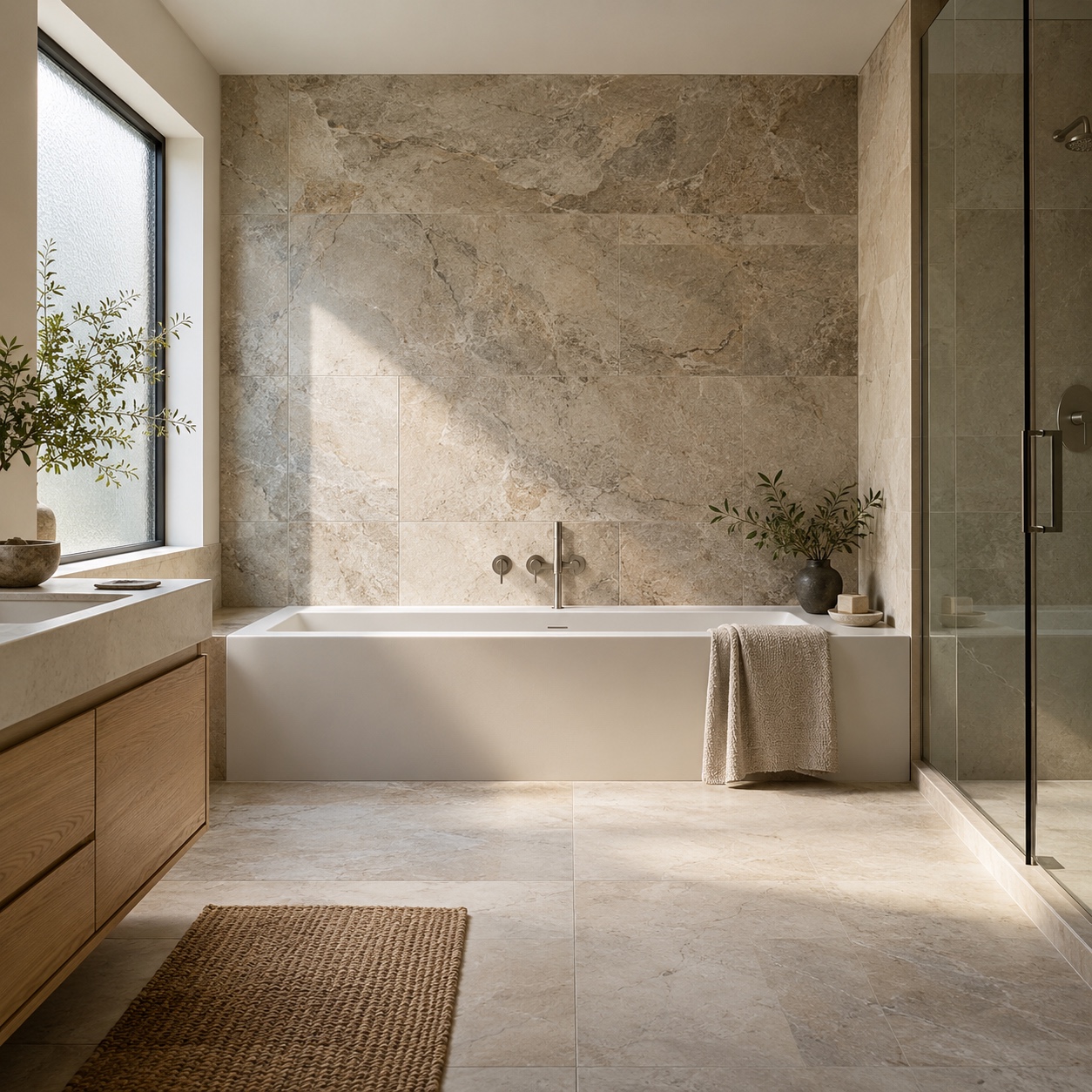 Bathroom with a natural-stone-look wall surround and brushed nickel fixtures