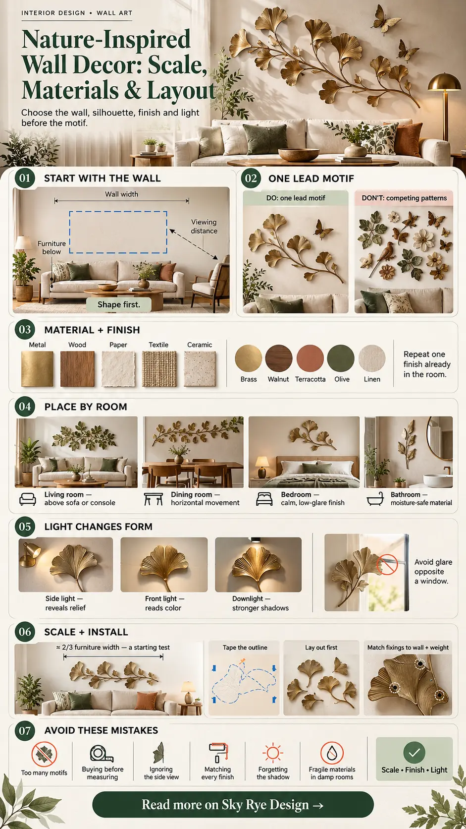 Nature-Inspired Wall Decor Scale Materials and Layout Infographic Nature-inspired wall decor infographic explaining scale, materials, layout, lighting, room placement, installation, and common mistakes | Sky Rye Design Nature-inspired wall decor infographic explaining scale, materials, layout, lighting, room placement, installation, and common mistakes