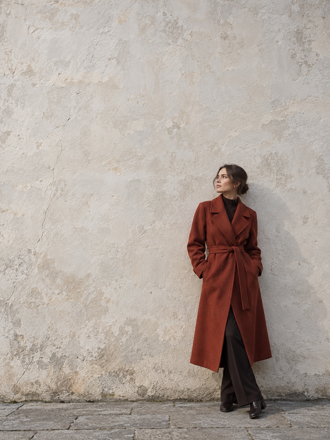Negative-space fashion portrait Small figure in a rust coat placed low in a frame filled by a vast pale plaster wall, an example of negative space | Sky Rye Design Small figure in a rust coat placed low in a frame filled by a vast pale plaster wall, an example of negative space