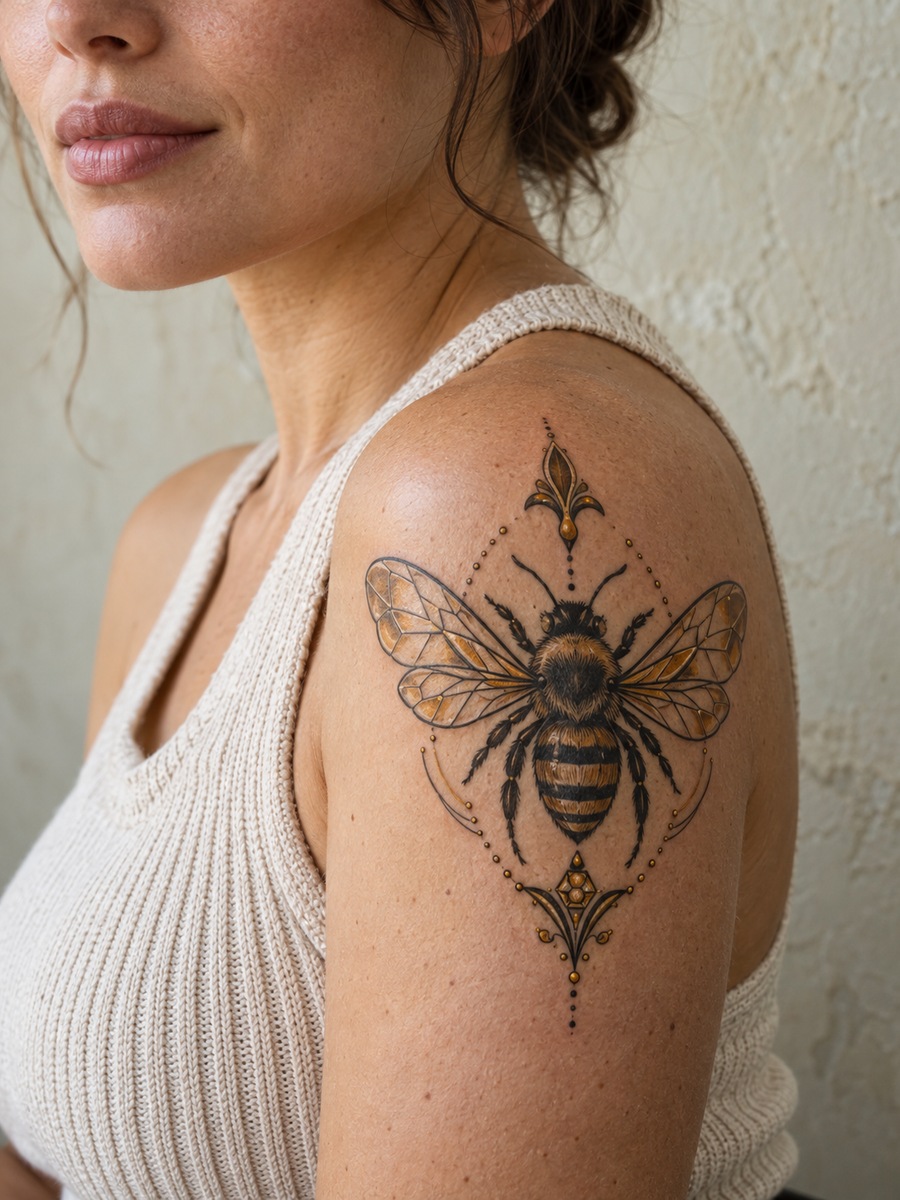 Neo-traditional bee tattoo with jeweled wings on the upper arm