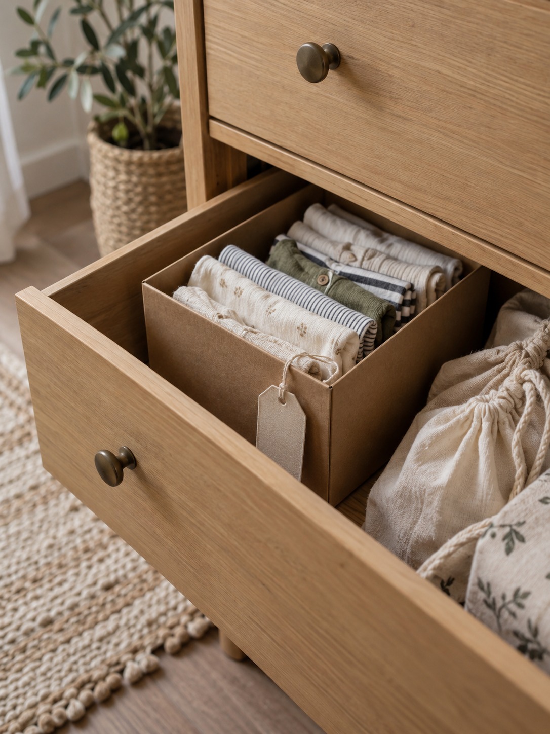 Next size baby clothes bottom drawer Next-size baby clothes stored in a box in the bottom dresser drawer | Sky Rye Design Next-size baby clothes stored in a box in the bottom dresser drawer