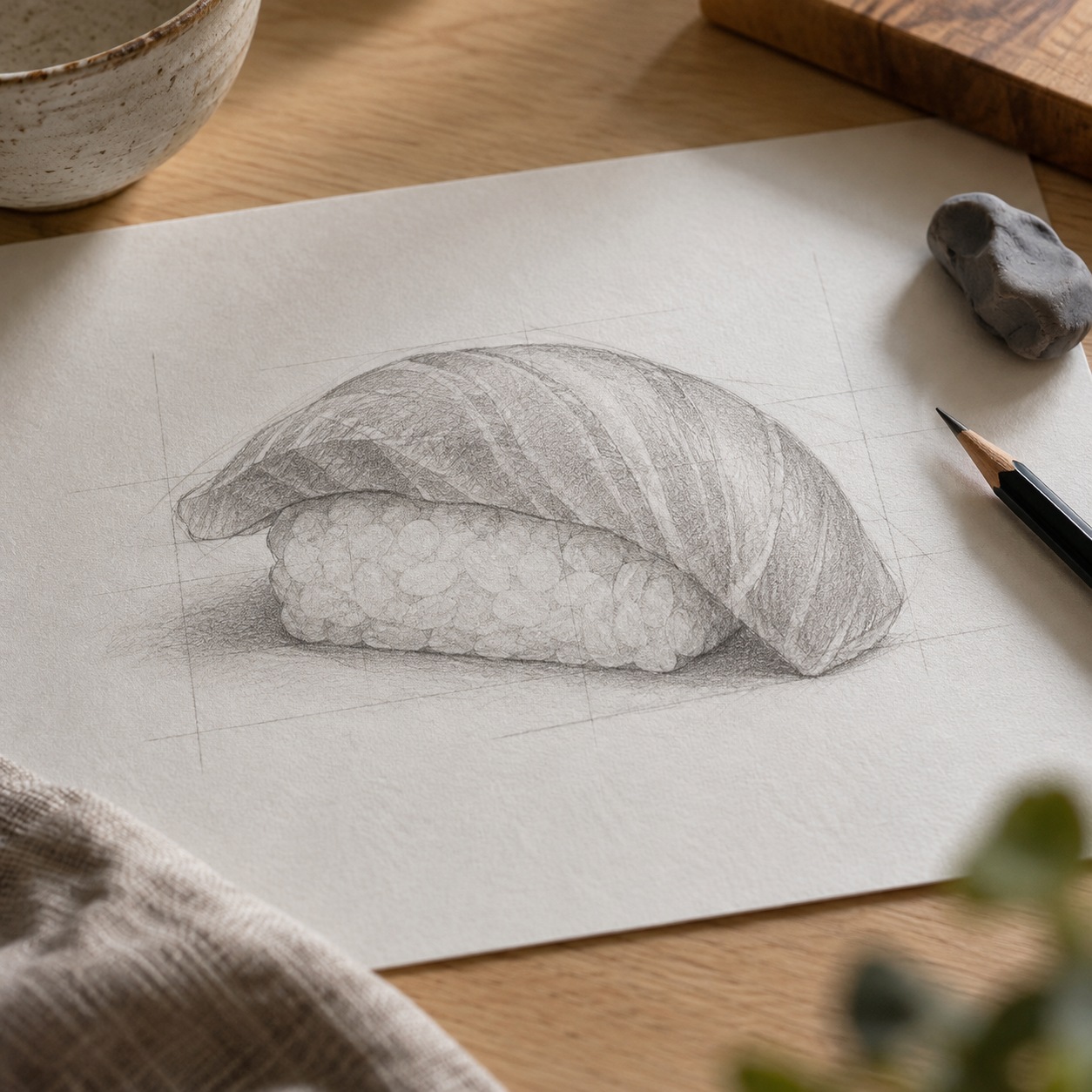 Light pencil construction of rounded rice with a fish slice draped over both sides
