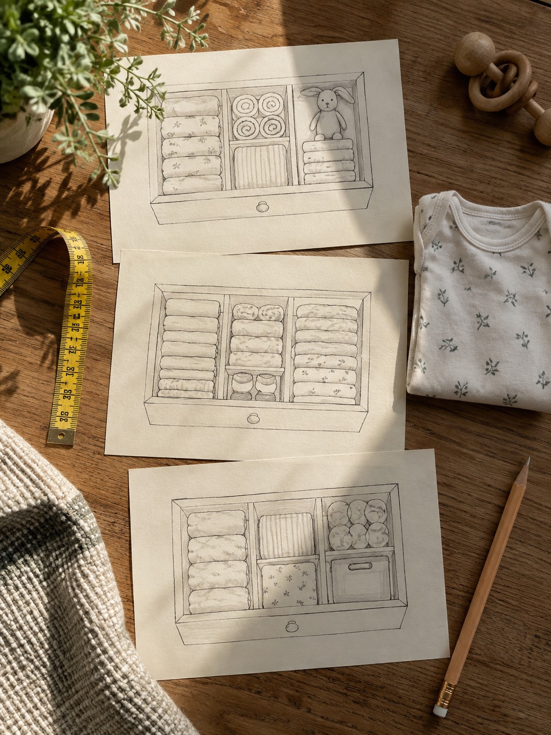 Nursery drawer layout plans measuring Drawer layout sketches beside a measuring tape and folded bodysuit | Sky Rye Design Drawer layout sketches beside a measuring tape and folded bodysuit