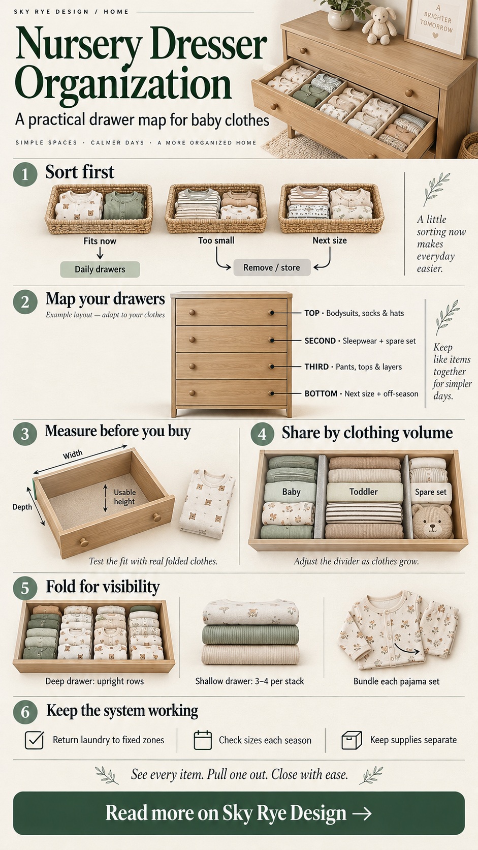 Nursery dresser organization infographic Nursery dresser organization infographic with a four-drawer layout, size sorting, drawer measurements, shared clothing zones, folding methods and laundry routines. | Sky Rye Design Nursery dresser organization infographic with a four-drawer layout, size sorting, drawer measurements, shared clothing zones, folding methods and laundry routines.